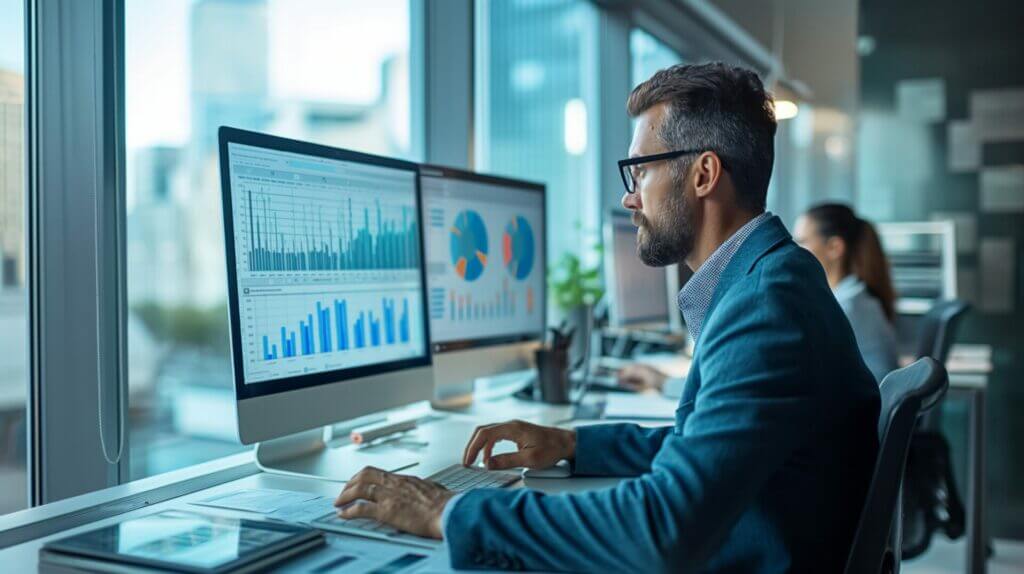 Analyst Reviewing Financial Data on Screens