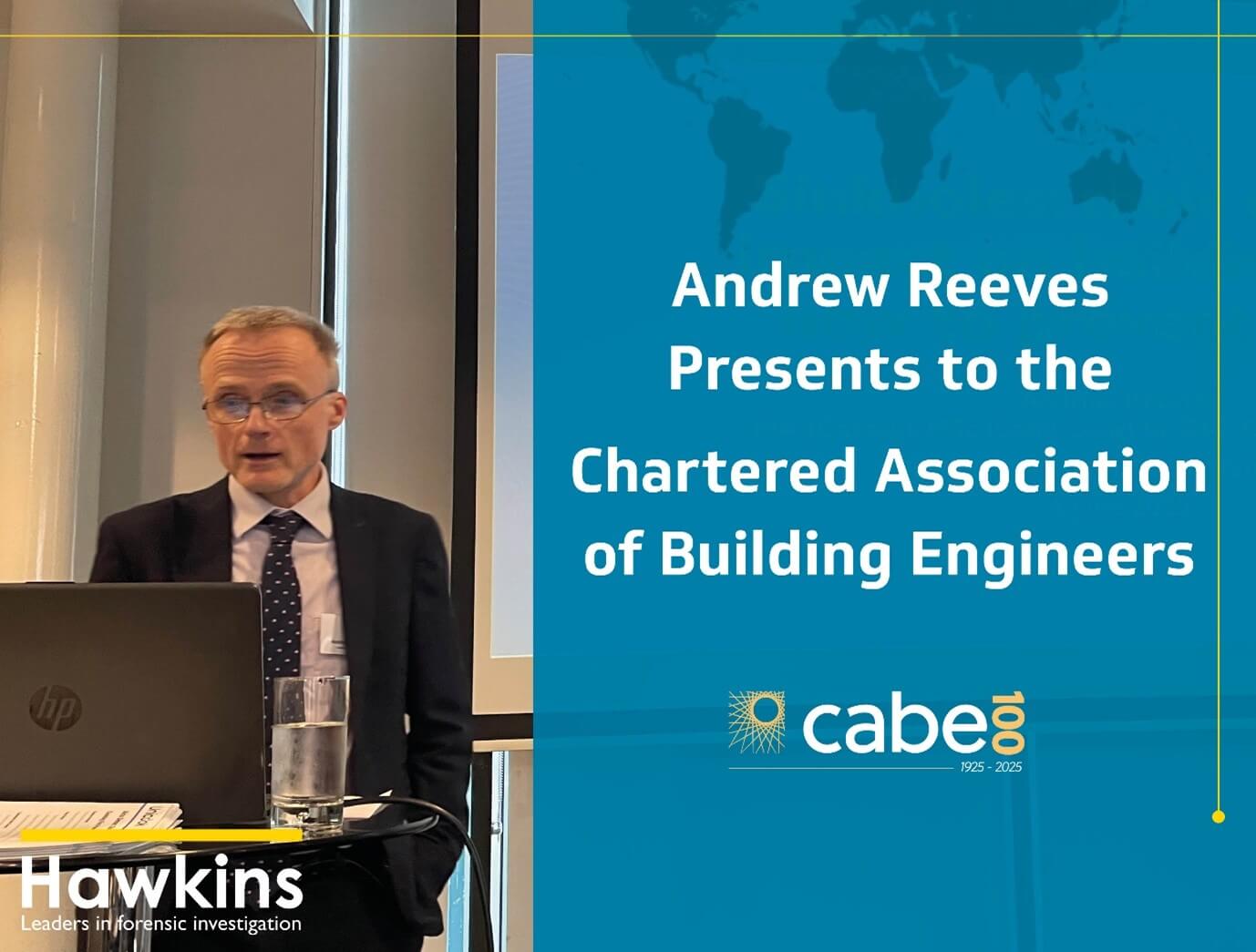 Image of marketing director and built environment expert Andrew Reeves behind a laptop, giving a presentation at the Chartered Association of Building Engineers