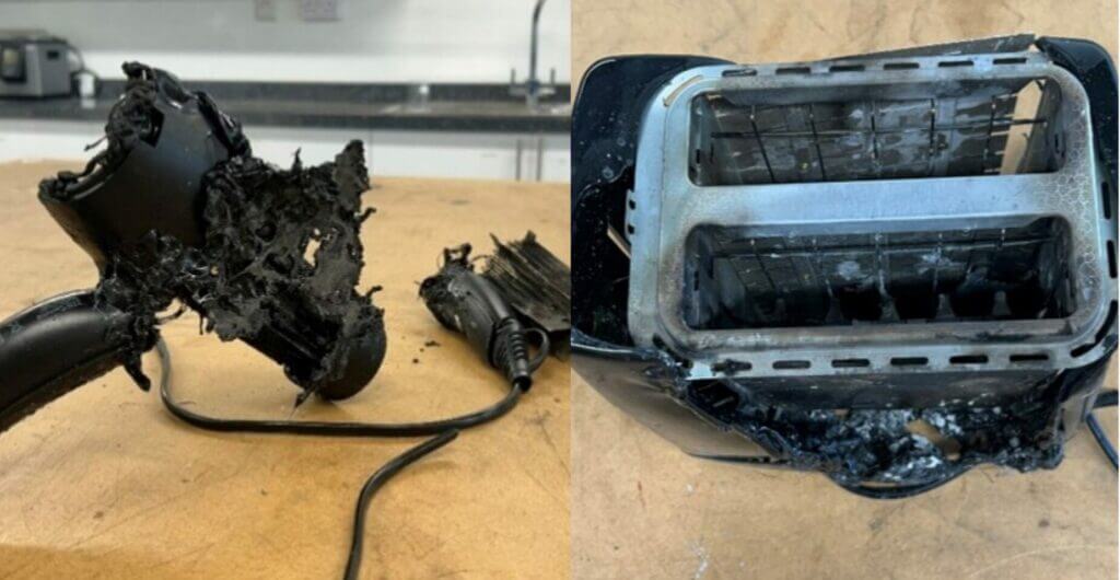 Items ignited by Nick during controlled experiments to highlight how minor faults with appliances can escalate into serious safety hazards